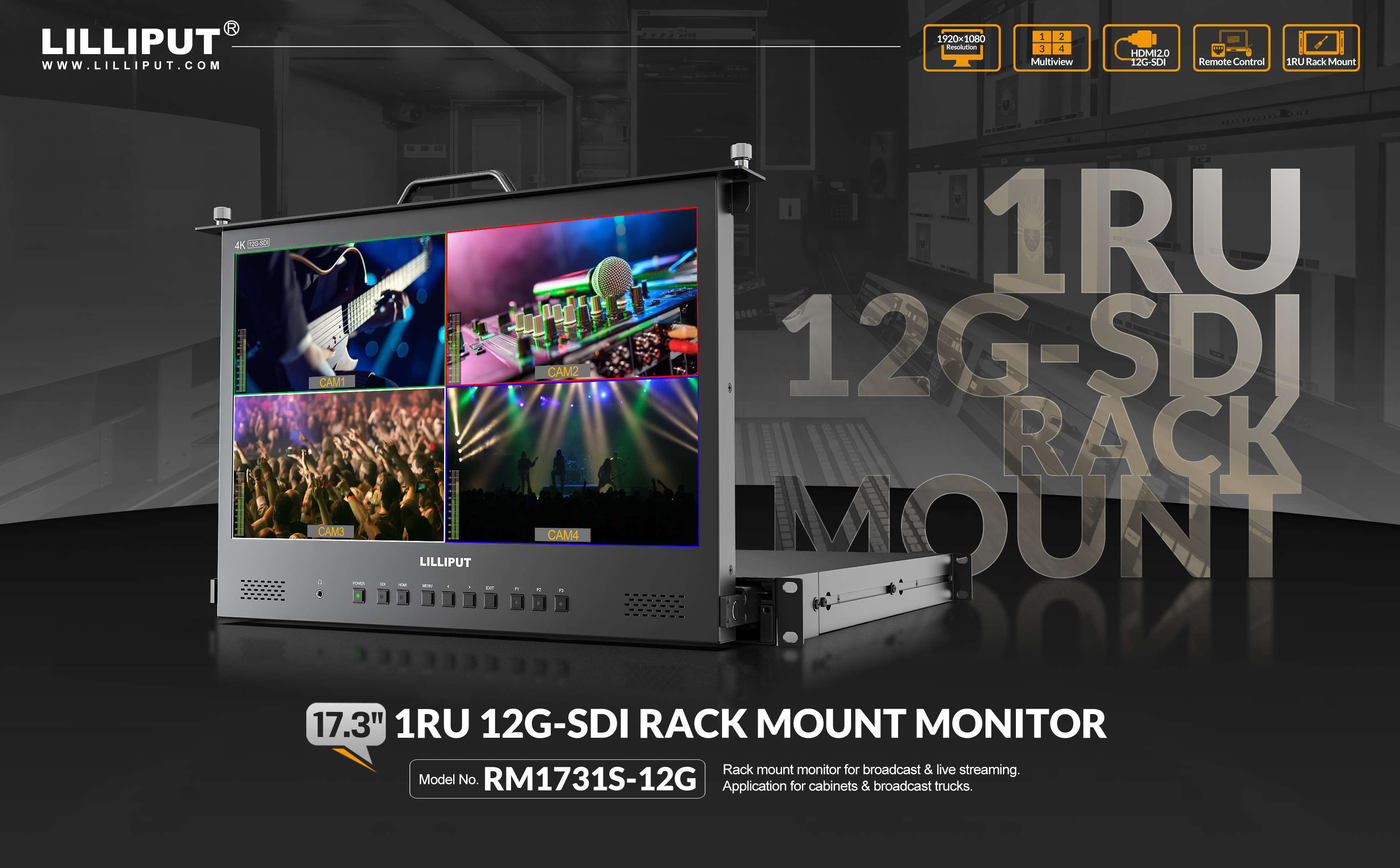 - RM1731S-12G 17.3 Inch 4×12G-SDI 1RU Pull-out Rackmount Monitor with Tally Conn
